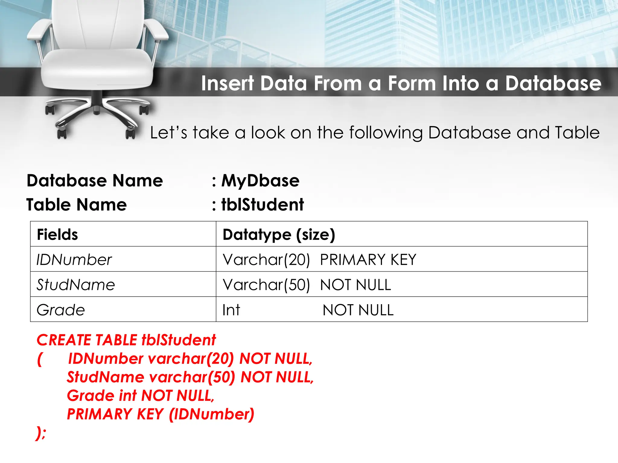 Insert Data From a Form Into a Database
Let’s take a look on the following Database and Table
Database Name : MyDbase
Table Name : tblStudent
Fields Datatype (size)
IDNumber Varchar(20) PRIMARY KEY
StudName Varchar(50) NOT NULL
Grade Int NOT NULL
CREATE TABLE tblStudent
( IDNumber varchar(20) NOT NULL,
StudName varchar(50) NOT NULL,
Grade int NOT NULL,
PRIMARY KEY (IDNumber)
);
 