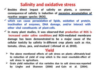 Salinity and oxidative stress
 Besides direct impact of salinity on plants, a common
consequence of salinity is induction of excessive accumulation of
reactive oxygen species (ROS).
 which can cause peroxidation of lipids, oxidation of protein,
inactivation of enzymes, DNA damage, and/or interact with
other vital constituents of plant cells.
 In many plant studies, it was observed that production of ROS is
increased under saline conditions and ROS-mediated membrane
damage has been demonstrated to be a major cause of the
cellular toxicity by salinity in different crop plants such as rice,
tomato, citrus, pea, and mustard ( Ahmad et al. 2010).
Yield
 The above mentioned effects of salt stress on plants ultimately lead
to reduction of yield of crop which is the most countable effect of
salt stress in agriculture.
 Grain yield reduction of rice varieties due to salt stress was reported
by Linghe and Shannon (2000) and Gain et al. (2004).
 