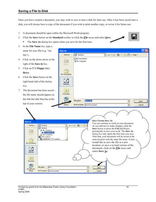 Saving a File to Disk
Funded by grants from the Milwaukee Public Library Foundation 19
© MPL
Spring 2008
Once you have created a document, you may wish to save it onto a disk for later use. After it has been saved onto a
disk, you will always have a copy of the document if you wish to print another copy, or revise it for future use.
1. A document should be open within the Microsoft Word program.
2. Click the Save button on the Standard toolbar or click the File menu and select Save.
ƒ The Save As dialog box opens when you save for the first time.
3. In the File Name box, type a
name for your file (e.g. “my
file”).
4. Click on the down arrow to the
right of the Save in box.
5. Click on 3 ½ Floppy (A:)
Drive.
6. Click the Save button on the
right hand side of the dialog
box.
7. The document has been saved--
the file name should appear on
the title bar (the blue bar at the
top of your screen).
Save Versus Save As
You can continue to work on your document.
As you add text or make changes, click the
Save button or press the Ctrl and S keys
periodically to save your work. The Save As
dialog box only opens the first time you save.
After that, your document will be saved in the
same location with the same file name. If you
would like to save the file in a new
location, or save a revised version of the
document, click on the File menu and
select Save As.
 