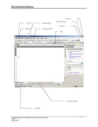 Microsoft Word Window
Funded by grants from the Milwaukee Public Library Foundation 3
© MPL
Spring 2008
Title Bar
Menu Bar
Standard Toolbar
Formatting Toolbar
Minimize
Maximize/Restore
Close/Exit
Ruler
Status Bar
Horizontal Scroll Bar
 