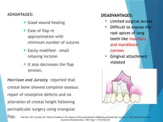 ADVANTAGES:
 Good wound healing
 Ease of flap re
approximation with
minimum number of sutures
 Easily modified – small
relaxing incision
 It also decreases the flap
tension.
Harrison and Jurosty reported that
crestal bone showed complete osseous
repair of resorptive defects and no
alteration of crestal height following
periradicular surgery using triangular
flap.
DISADVANTAGES:
• Limited surgical access
• Difficult to expose the
root apices of long
teeth like maxillary
and mandibular
canines
• Gingival attachment
violated
Harrison JW, Jurosky KA. Wound healing in the tissues of the periodontium following periradicular surgery. I. The incisional wound.
Journal of Endodontics. 1991 Sep 1;17(9):425-35.
 