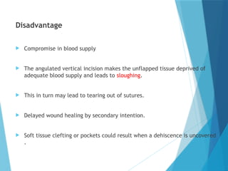 Disadvantage
 Compromise in blood supply
 The angulated vertical incision makes the unflapped tissue deprived of
adequate blood supply and leads to sloughing.
 This in turn may lead to tearing out of sutures.
 Delayed wound healing by secondary intention.
 Soft tissue clefting or pockets could result when a dehiscence is uncovered
.
 