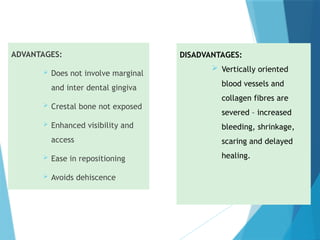 ADVANTAGES:
 Does not involve marginal
and inter dental gingiva
 Crestal bone not exposed
 Enhanced visibility and
access
 Ease in repositioning
 Avoids dehiscence
DISADVANTAGES:
 Vertically oriented
blood vessels and
collagen fibres are
severed – increased
bleeding, shrinkage,
scaring and delayed
healing.
 