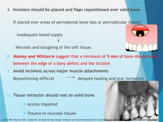 3. Incisions should be placed and flaps repositioned over solid bone
If placed over areas of periodontal bone loss or periradicular lesions
Inadequate blood supply
Necrosis and sloughing of the soft tissue.
 Hooley and Whitacre suggest that a minimum of 5 mm of bone should exist
between the edge of a bony defect and the incision
4. Avoid incisions across major muscle attachments
Repositioning difficult delayed healing and scar formation
5. Tissue retractor should rest on solid bone
 Access impaired
 Trauma to mucosal tissues
Lubow RM, Wayman BE, Cooley RL. Endodontic flap design: analysis and recommendations for current usage. Oral Surgery, Oral Medicine, Oral Pathology.
 