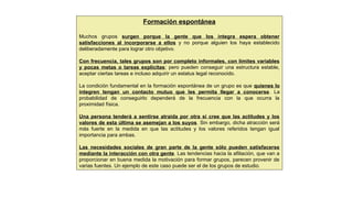 Formación espontánea
Muchos grupos surgen porque la gente que los integra espera obtener
satisfacciones al incorporarse a ellos y no porque alguien los haya establecido
deliberadamente para lograr otro objetivo.
Con frecuencia, tales grupos son por completo informales, con límites variables
y pocas metas o tareas explícitas; pero pueden conseguir una estructura estable,
aceptar ciertas tareas e incluso adquirir un estatus legal reconocido.
La condición fundamental en la formación espontánea de un grupo es que quienes lo
integren tengan un contacto mutuo que les permita llegar a conocerse. La
probabilidad de conseguirlo dependerá de la frecuencia con la que ocurra la
proximidad física.
Una persona tenderá a sentirse atraída por otra si cree que las actitudes y los
valores de esta última se asemejan a los suyos. Sin embargo, dicha atracción será
más fuerte en la medida en que las actitudes y los valores referidos tengan igual
importancia para ambas.
Las necesidades sociales de gran parte de la gente sólo pueden satisfacerse
mediante la interacción con otra gente. Las tendencias hacia la afiliación, que van a
proporcionar en buena medida la motivación para formar grupos, parecen provenir de
varias fuentes. Un ejemplo de este caso puede ser el de los grupos de estudio.
 