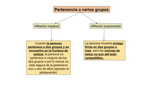 Pertenencia a varios grupos
Afiliación marginal Afiliación superpuesta
Cuando la persona
pertenece a dos grupos y se
encuentra en la frontera de
ambos: la persona no
pertenece a ninguno de los
dos grupos o por lo menos no
esta segura de la pertenecía
uno u otro de ellos (ejemplo el
adolescente).
La persona muestra arraigo
firme en dos grupos o
mas, pero las normas de
estos no son del todo
compatibles.
 