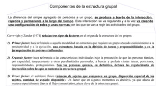 La diferencia del simple agregado de personas a un grupo, se produce a través de la interacción
repetida y permanente a lo largo del tiempo. Esta interacción se va regulando y a la vez va creando
una configuración de roles y unas normas por las que se van a regir las actividades del grupo.
Componentes de la estructura grupal
Cartwright y Zander (1971) señalan tres tipos de factores en el origen de la estructura de los grupos:
1) Primer factor: hace referencia a aquella modalidad de estructura que requiere un grupo abocado esencialmente a la
productividad y a la ejecución, una estructura basada en la división de tareas y responsabilidades y en la
jerarquización de poderes e influencias.
2) Segundo factor: hace referencia a las características individuales bajo la presunción de que las personas tienden,
por capacidad, temperamento u otras peculiaridades personales, a buscar y preferir ciertas tareas, posiciones,
responsabilidades, protagonismos. Son las personas quienes, en definitiva, definen las regularidades de
interacción sobre las que se sustenta la estructura grupal.
3) Tercer factor: el ambiente físico (número de sujetos que componen un grupo, disposición espacial de los
sujetos, cantidad de espacio disponible). Un factor que en algunos momentos es decisivo, ya que afecta de
manera especialmente directa al flujo comunicativo, pieza clave de la estructura grupal.
 