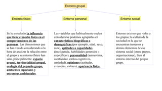 Entorno grupal
Entorno físico Entorno personal Entorno social
Entorno externo que rodea a
los grupos; la cultura de la
sociedad en la que se
encuentran inmersos y
demás elementos de ese
sistema social (otros grupos,
organizaciones), bien al
entorno interno del propio
grupo.
Las variables que habitualmente suelen
considerarse podemos agruparlas en
características biográficas o
demográficas (por ejemplo, edad, sexo,
raza), aptitudes o capacidades
(inteligencia, habilidades generales o
específicas), personalidad (autoestima,
asertividad, estilos cognitivos,
ansiedad), opiniones (actitudes,
creencias, valores), apariencia física.
Se ha estudiado la influencia
que tiene el medio físico en el
comportamiento de las
personas. Las dimensiones que
se han venido considerando a la
hora de analizar la relación entre
el grupo y su entorno físico han
sido, principalmente, espacio
grupal, territorialidad grupal,
ecología del pequeño grupo,
ambientes especiales y
estresores ambientales.
 