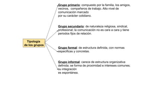 Tipología
de los grupos
Grupo primario: compuesto por la familia, los amigos,
vecinos, compañeros de trabajo. Alto nivel de
comunicación marcado
por su carácter cotidiano.
Grupo secundario: de naturaleza religiosa, sindical,
profesional; la comunicación no es cara a cara y tiene
periodos fijos de relación.
Grupo formal: de estructura definida, con normas
especificas y concretas.
Grupo informal: carece de estructura organizativa
definida; se forma de proximidad e intereses comunes;
su integración
es espontánea.
 