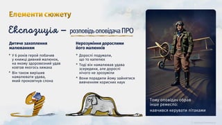 Тому оповідач обрав
інше ремесло:
навчився керувати літаками
* Дорослі подумали,
що то капелюх
* Тоді він намалював удава
зсередини, але дорослі
нічого не зрозуміли
* Вони порадили йому зайнятися
вивченням корисних наук
Нерозуміння дорослими
його малюнків
* У 6 років герой побачив
у книжці дивний малюнок,
на якому здоровезний удав
ковтав якогось хижака
* Він також вирішив
намалювати удава,
який проковтнув слона
Дитяче захоплення
малюванням
― розповідьоповідачаПРО
 