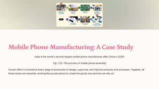 Mobile Phone Manufacturing: A Case Study
India is the world's second-largest mobile phone manufacturer after China in 2025!
Fig. 7.23. The process of mobile phone assembly
Human effort is involved at every stage of production to design, supervise, and improve products and processes. Together, all
these inputs are essential, working like puzzle pieces to create the goods and services we rely on!
 