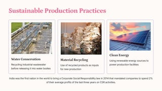 Sustainable Production Practices
Water Conservation
Recycling industrial wastewater
before releasing it into water bodies
Material Recycling
Use of recycled products as inputs
for new production
Clean Energy
Using renewable energy sources to
power production facilities
India was the first nation in the world to bring a Corporate Social Responsibility law in 2014 that mandated companies to spend 2%
of their average profits of the last three years on CSR activities.
 