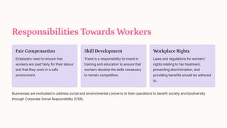 Responsibilities Towards Workers
Fair Compensation
Employers need to ensure that
workers are paid fairly for their labour
and that they work in a safe
environment.
Skill Development
There is a responsibility to invest in
training and education to ensure that
workers develop the skills necessary
to remain competitive.
Workplace Rights
Laws and regulations for workers'
rights relating to fair treatment,
preventing discrimination, and
providing benefits should be adhered
to.
Businesses are motivated to address social and environmental concerns in their operations to benefit society and biodiversity
through Corporate Social Responsibility (CSR).
 