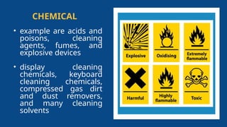 CHEMICAL
• example are acids and
poisons, cleaning
agents, fumes, and
explosive devices
• display cleaning
chemicals, keyboard
cleaning chemicals,
compressed gas dirt
and dust removers,
and many cleaning
solvents
 