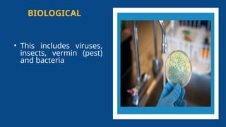 BIOLOGICAL
• This includes viruses,
insects, vermin (pest)
and bacteria
 