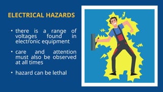 ELECTRICAL HAZARDS
• there is a range of
voltages found in
electronic equipment
• care and attention
must also be observed
at all times
• hazard can be lethal
 