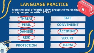LANGUAGE PRACTICE
From the pool of words below, group the words that
are synonymous with HAZARD.
THREAT
PERIL
DANGER
RISK
PROTECTION
SAFE
CONVENIENT
ACCIDENT
SECURE
HARM
 