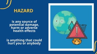 HAZARD
is any source of
potential damage,
harm or adverse
health effects
is anything that could
hurt you or anybody
 