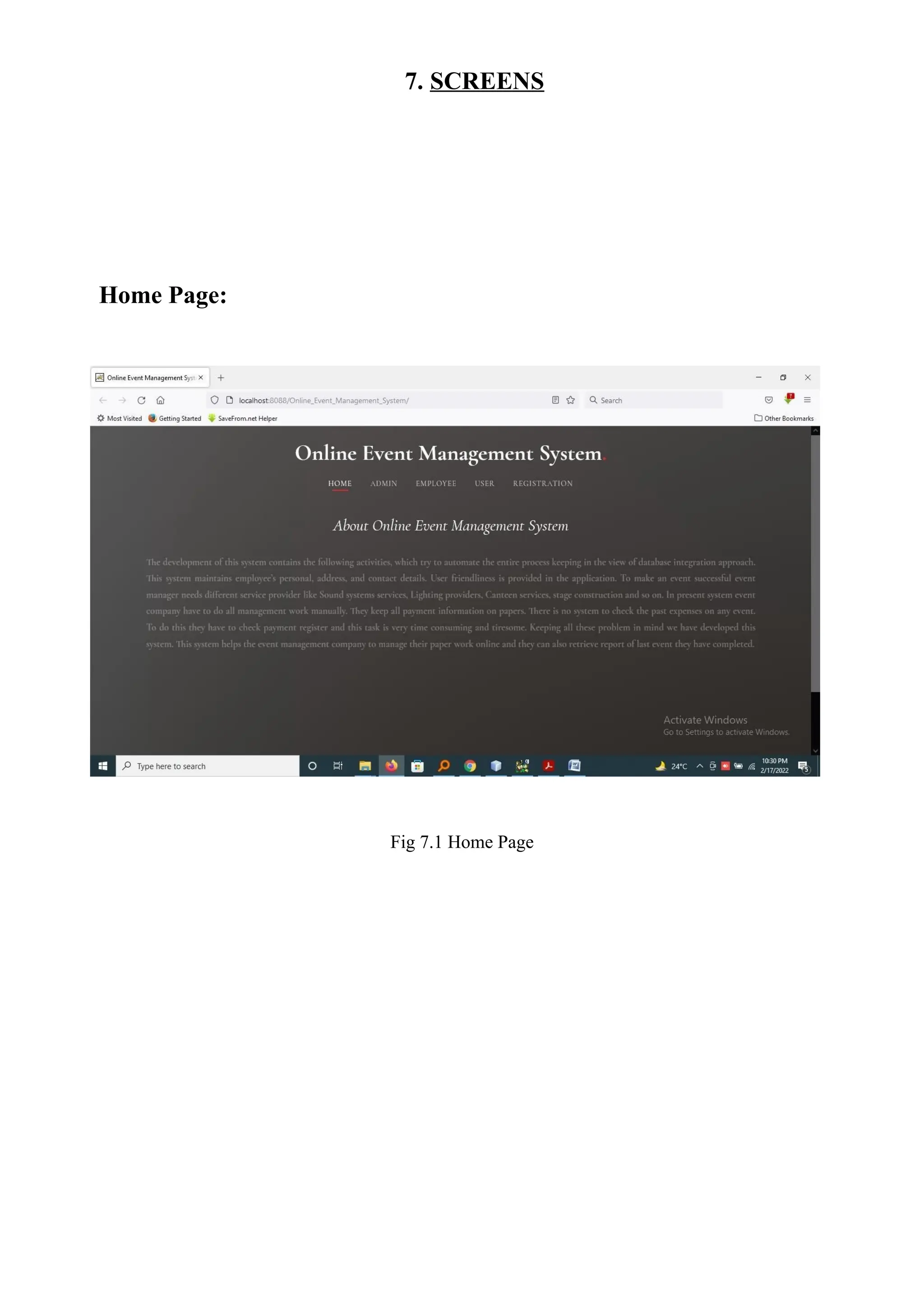 7. SCREENS
Home Page:
Fig 7.1 Home Page
 