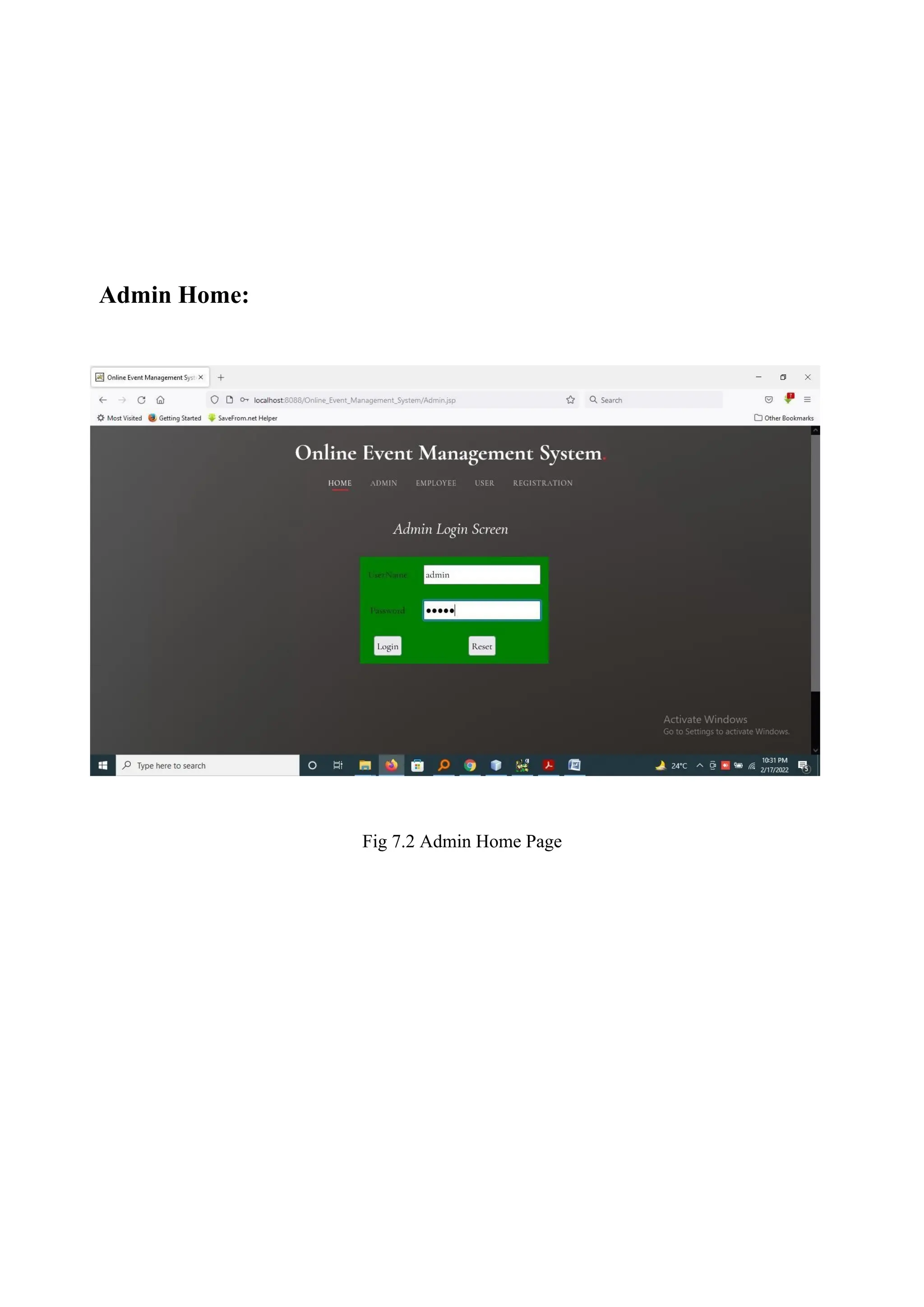 Admin Home:
Fig 7.2 Admin Home Page
 