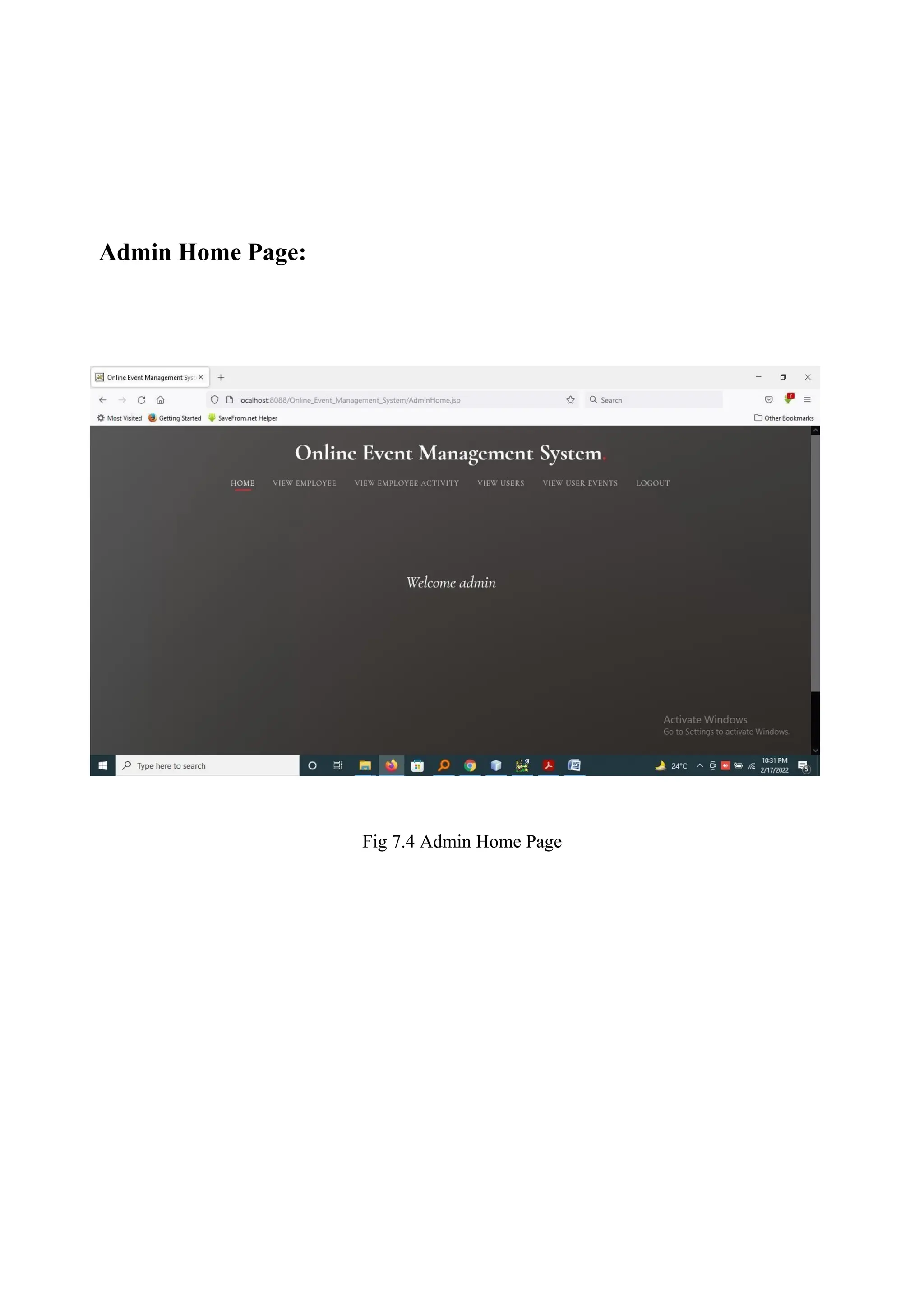 Admin Home Page:
Fig 7.4 Admin Home Page
 