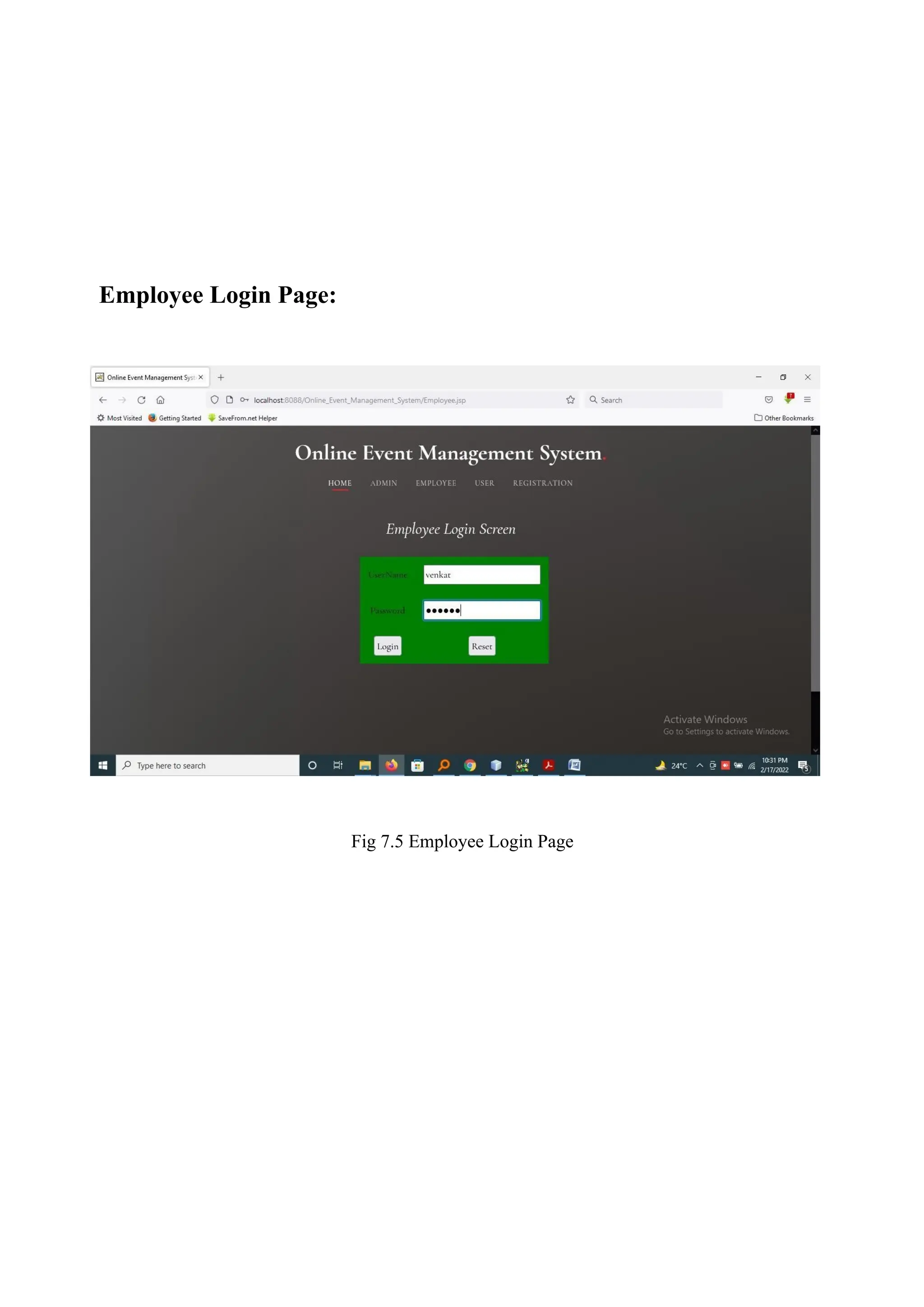 Employee Login Page:
Fig 7.5 Employee Login Page
 