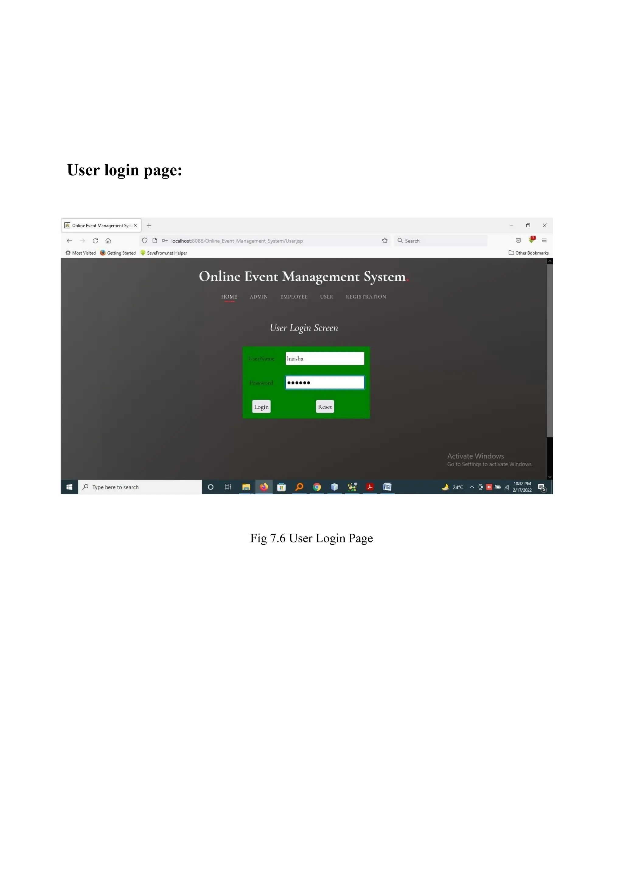 User login page:
Fig 7.6 User Login Page
 