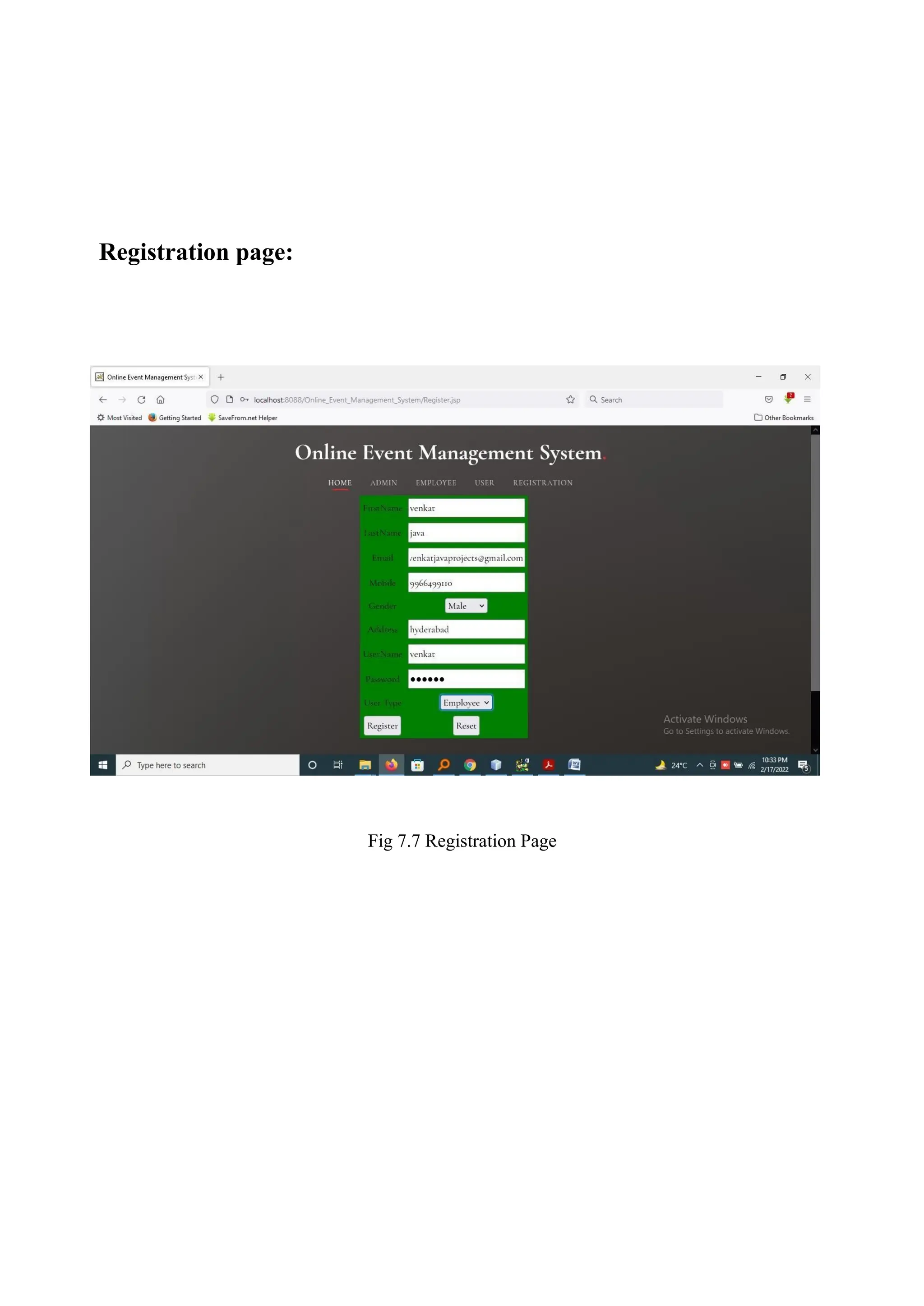 Registration page:
Fig 7.7 Registration Page
 