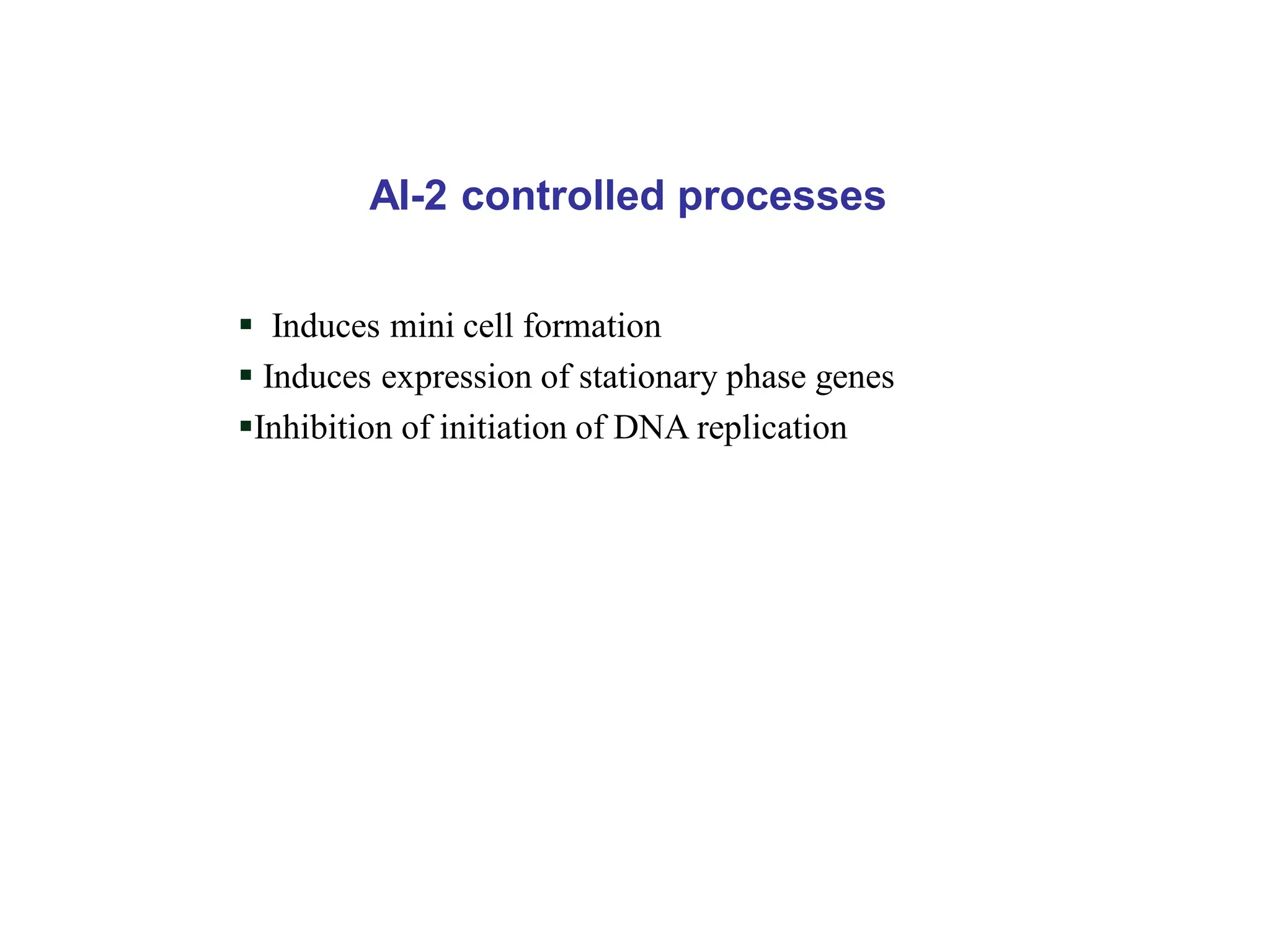 AI-2 controlled processes
 Induces mini cell formation
 Induces expression of stationary phase genes
Inhibition of initiation of DNA replication
 