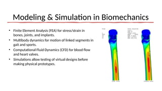 Modeling & Simulation in Biomechanics
• Finite Element Analysis (FEA) for stress/strain in
bones, joints, and implants.
• Multibody dynamics for motion of linked segments in
gait and sports.
• Computational Fluid Dynamics (CFD) for blood flow
and heart valves.
• Simulations allow testing of virtual designs before
making physical prototypes.
 