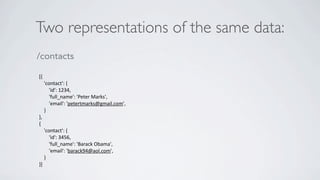 Two representations of the same data:
/contacts

[{
    'contact': {
        'id': 1234,
        'full_name': 'Peter Marks',
        'email': 'petertmarks@gmail.com',
    }
},
{
    'contact': {
        'id': 3456,
        'full_name': 'Barack Obama',
        'email': 'barack94@aol.com',
    }
}]
 