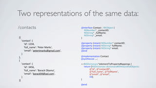 Two representations of the same data:
/contacts                                   @interface Contact : RKObject {
                                              NSNumber* _contactID;
                                              NSString* _fullName;
                                              NSString* _email;
[{                                          }
    'contact': {
        'id': 1234,                         @property (retain) NSNumber* contactID;
                                            @property (retain) NSString* fullName;
        'full_name': 'Peter Marks',         @property (retain) NSString* email;
        'email': 'petertmarks@gmail.com',   @end
    }
},                                          @implementation Contact
                                            @synthesize ...;
{
    'contact': {                            + (NSDictionary*)elementToPropertyMappings {
        'id': 3456,                           return [NSDictionary dictionaryWithKeysAndObjects:
                                                   @"id", @"contactID",
        'full_name': 'Barack Obama',               @"full_name", @"fullName",
        'email': 'barack94@aol.com',               @"email", @"email",
    }                                              nil];
}]                                          }

                                            @end
 