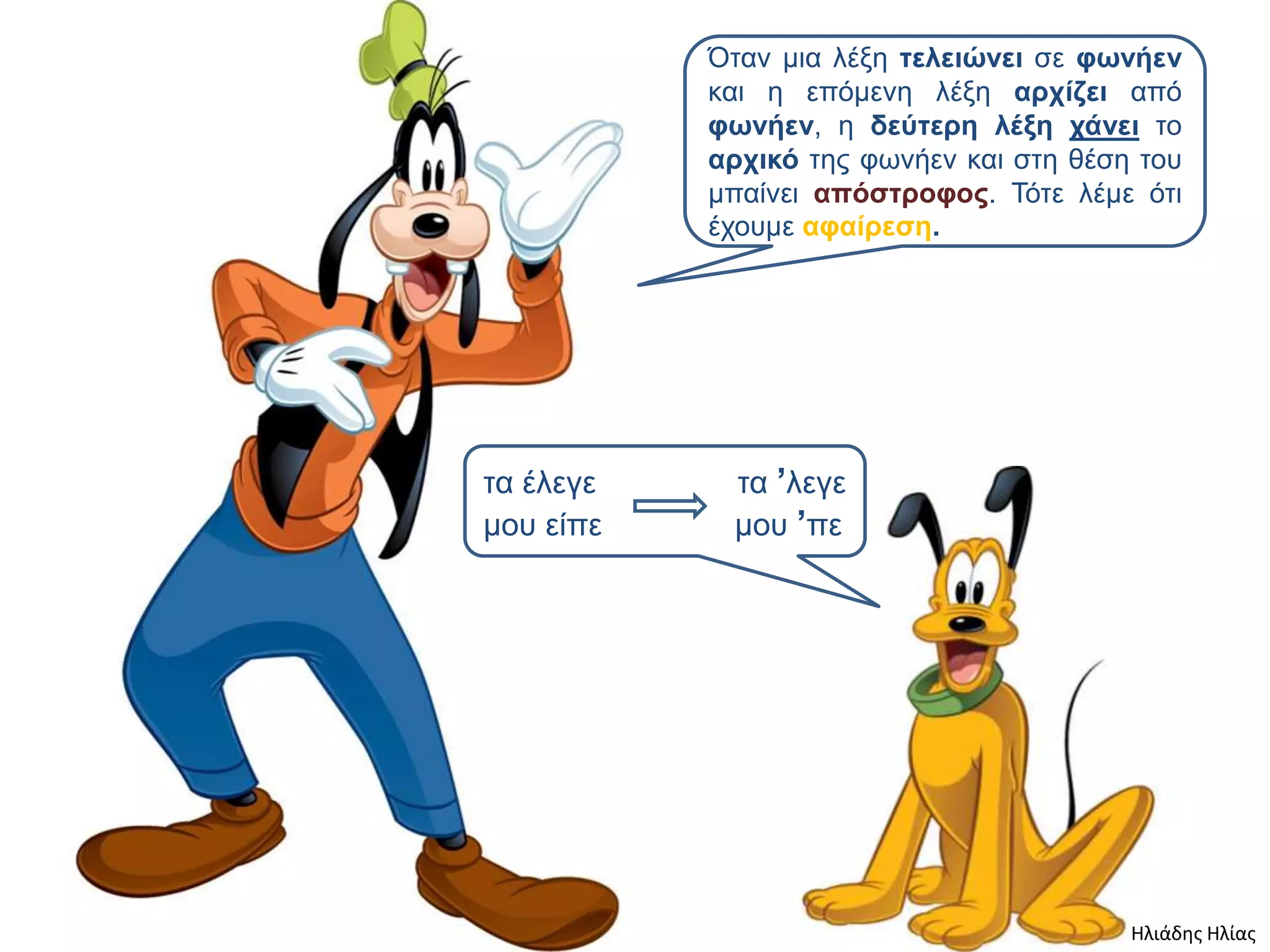 Όηαν μια λέξη ηελειώνει ζε θυνήεν
           και η επόμενη λέξη απσίζει από
           θυνήεν, η δεύηεπη λέξη σάνει ηο
           απσικό ηηρ θυνήεν και ζηη θέζη ηος
           μπαίνει απόζηποθορ. Τόηε λέμε όηι
           έσοςμε αθαίπεζη..




ηα έλεγε    ηα ’λεγε
μος είπε    μος ’πε




                                         Ηλιάδης Ηλίας
 