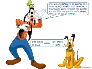 Όηαν μια λέξη ηελειώνει ζε θυνήεν και η
            επόμενη λέξη απσίζει από θυνήεν, η
            ππώηη λέξη σάνει ηο ηελικό ηηρ θυνήεν
            και ζηη θέζη ηος μπαίνει απόζηποθορ.
            Τόηε λέμε όηι έσοςμε έκθλιτη.




από όλοςρ      απ’ όλοςρ
ηα άλλα        η’ άλλα




                                             Ηλιάδης Ηλίας
 