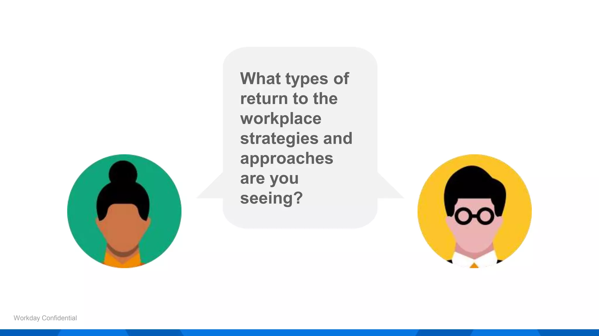 Workday Confidential
What types of
return to the
workplace
strategies and
approaches
are you
seeing?
 