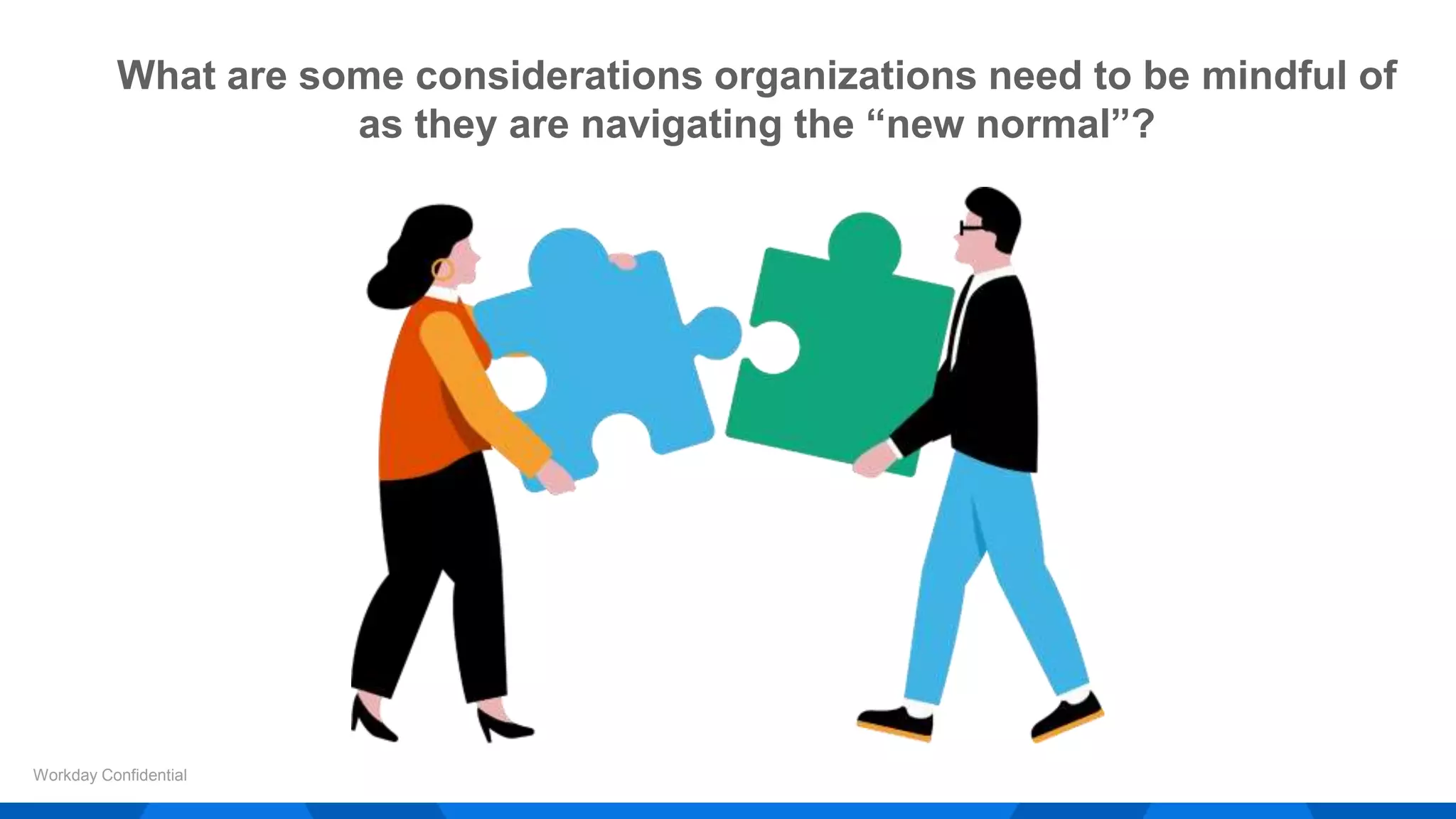 What are some considerations organizations need to be mindful of
as they are navigating the “new normal”?
Workday Confidential
 