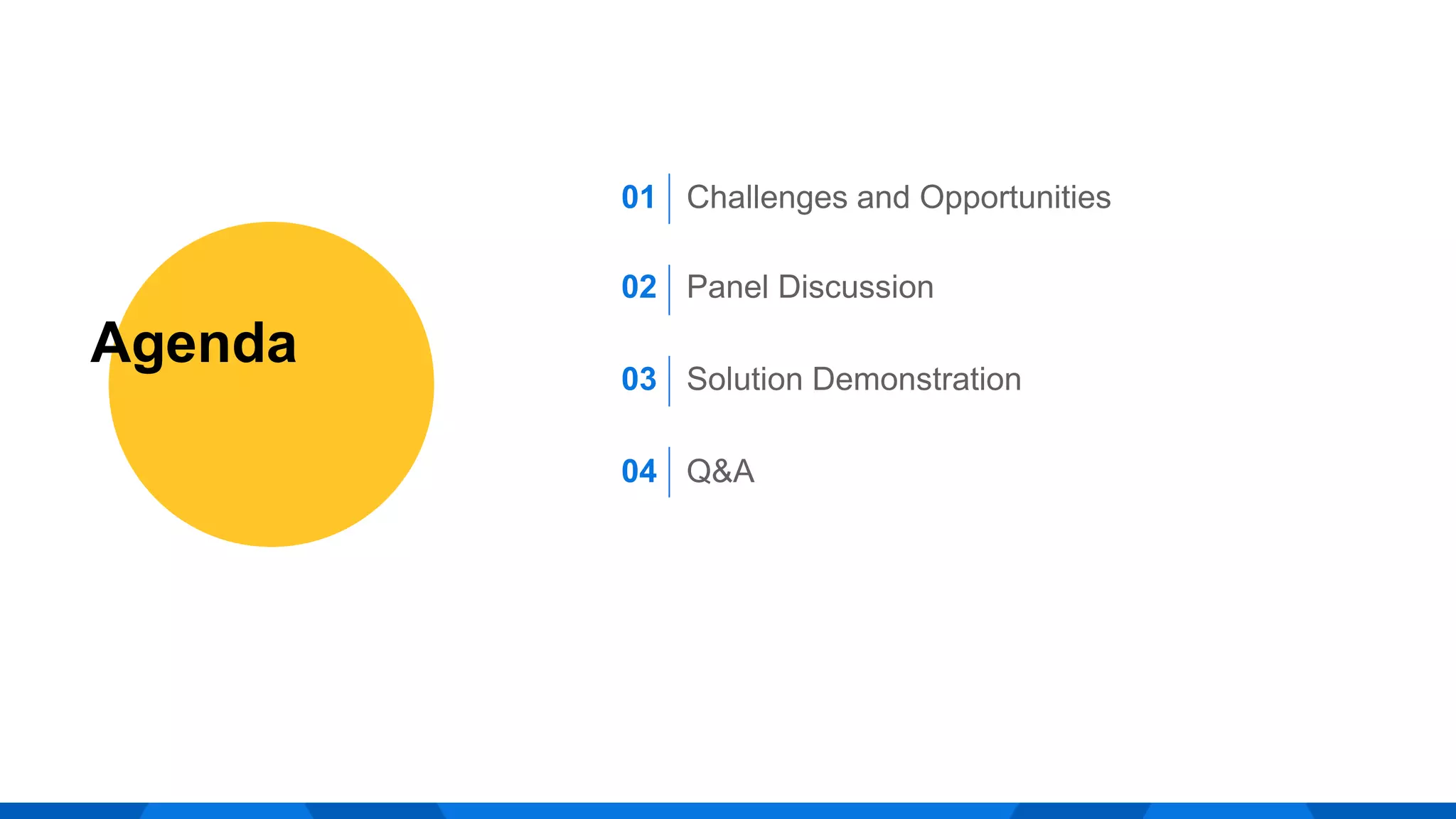 Agenda
01 Challenges and Opportunities
02 Panel Discussion
03 Solution Demonstration
04 Q&A
 