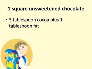 1 square unsweetened chocolate
• 3 tablespoon cocoa plus 1
tablespoon fat
 