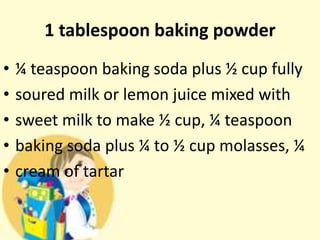1 tablespoon baking powder
• ¼ teaspoon baking soda plus ½ cup fully
• soured milk or lemon juice mixed with
• sweet milk to make ½ cup, ¼ teaspoon
• baking soda plus ¼ to ½ cup molasses, ¼
• cream of tartar
 