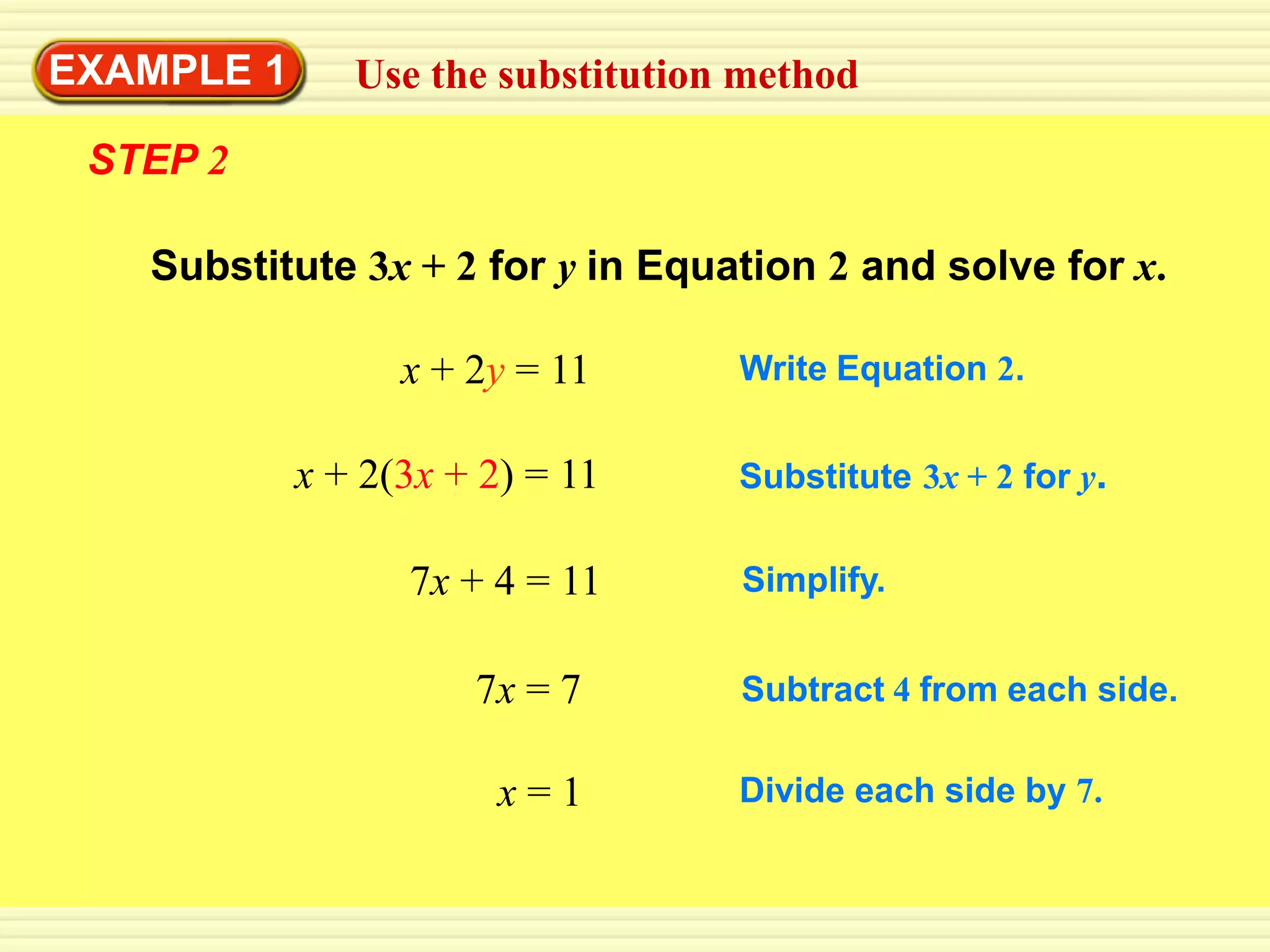 EXAMPLE 1      Use the substitution method

 STEP 2

   Substitute 3x + 2 for y in Equation 2 and solve for x.

                  x + 2y = 11      Write Equation 2.


            x + 2(3x + 2) = 11     Substitute 3x + 2 for y.


                  7x + 4 = 11      Simplify.


                      7x = 7       Subtract 4 from each side.

                       x=1         Divide each side by 7.
 