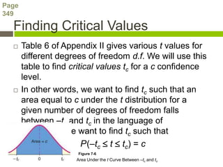 Page
349

  Finding Critical Values
      Table 6 of Appendix II gives various t values for
       different degrees of freedom d.f. We will use this
       table to find critical values tc for a c confidence
       level.
      In other words, we want to find tc such that an
       area equal to c under the t distribution for a
       given number of degrees of freedom falls
       between –tc and tc in the language of
       probability, we want to find tc such that
                         P(–tc  t  tc) = c
                      Figure 7-6
                      Area Under the t Curve Between –tc and tc
 