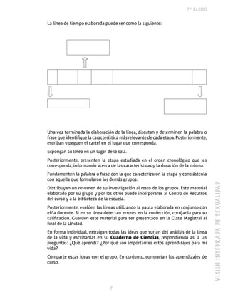 7º BÁSICO


La línea de tiempo elaborada puede ser como la siguiente:




Una vez terminada la elaboración de la línea, discutan y determinen la palabra o
frase que identifique la característica más relevante de cada etapa. Posteriormente,
escriban y peguen el cartel en el lugar que corresponda.
Expongan su línea en un lugar de la sala.
Posteriormente, presenten la etapa estudiada en el orden cronológico que les
corresponda, informando acerca de las características y la duración de la misma.
Fundamenten la palabra o frase con la que caracterizaron la etapa y contrástenla
con aquella que formularon los demás grupos.




                                                                                       V I S IÓ N IN T E G R A DA DE SE X UA LI DA D
Distribuyan un resumen de su investigación al resto de los grupos. Este material
elaborado por su grupo y por los otros puede incorporarse al Centro de Recursos
del curso y a la biblioteca de la escuela.
Posteriormente, evalúen las líneas utilizando la pauta elaborada en conjunto con
el/la docente. Si en su línea detectan errores en la confección, corríjanla para su
calificación. Guarden este material para ser presentado en la Clase Magistral al
final de la Unidad.
En forma individual, extraigan todas las ideas que surjan del análisis de la línea
de la vida y escríbanlas en su Cuaderno de Ciencias, respondiendo así a las
preguntas: ¿Qué aprendí? ¿Por qué son importantes estos aprendizajes para mi
vida?
Comparte estas ideas con el grupo. En conjunto, compartan los aprendizajes de
curso.




                                
 