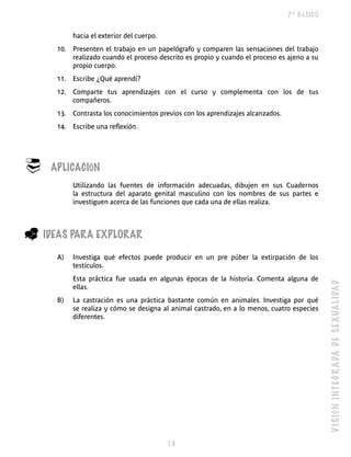 7º BÁSICO


           hacia el exterior del cuerpo.
      10. Presenten el trabajo en un papelógrafo y comparen las sensaciones del trabajo
          realizado cuando el proceso descrito es propio y cuando el proceso es ajeno a su
          propio cuerpo.
      11. Escribe ¿Qué aprendí?
      12. Comparte tus aprendizajes con el curso y complementa con los de tus
          compañeros.
      13. Contrasta los conocimientos previos con los aprendizajes alcanzados.
      14. Escribe una reflexión.




®    APLICACIÓN
           Utilizando las fuentes de información adecuadas, dibujen en sus Cuadernos
           la estructura del aparato genital masculino con los nombres de sus partes e
           investiguen acerca de las funciones que cada una de ellas realiza.



_   IDEAS PARA EXPLORAR

      A)   Investiga qué efectos puede producir en un pre púber la extirpación de los
           testículos.
           Esta práctica fue usada en algunas épocas de la historia. Comenta alguna de




                                                                                             V I S IÓ N I NT E G R A DA D E S E XUA L IDA D
           ellas.
      B)   La castración es una práctica bastante común en animales. Investiga por qué
           se realiza y cómo se designa al animal castrado, en a lo menos, cuatro especies
           diferentes.




                                           
 