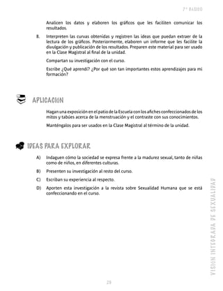 7º BÁSICO


           Analicen los datos y elaboren los gráficos que les faciliten comunicar los
           resultados.
      8.   Interpreten las curvas obtenidas y registren las ideas que puedan extraer de la
           lectura de los gráficos. Posteriormente, elaboren un informe que les facilite la
           divulgación y publicación de los resultados. Preparen este material para ser usado
           en la Clase Magistral al final de la unidad.
           Compartan su investigación con el curso.
           Escribe ¿Qué aprendí? ¿Por qué son tan importantes estos aprendizajes para mi
           formación?




®    APLICACIÓN
           Hagan una exposición en el patio de la Escuela con los afiches confeccionados de los
           mitos y tabúes acerca de la menstruación y el contraste con sus conocimientos.
           Manténgalos para ser usados en la Clase Magistral al término de la unidad.



_   IDEAS PARA EXPLORAR
      A)   Indaguen cómo la sociedad se expresa frente a la madurez sexual, tanto de niñas
           como de niños, en diferentes culturas.
      B)   Presenten su investigación al resto del curso.
      C)   Escriban su experiencia al respecto.




                                                                                                  V I S IÓ N I NT E G R A DA D E S E XUA L IDA D
      D)   Aporten esta investigación a la revista sobre Sexualidad Humana que se está
           confeccionando en el curso.




                                           
 