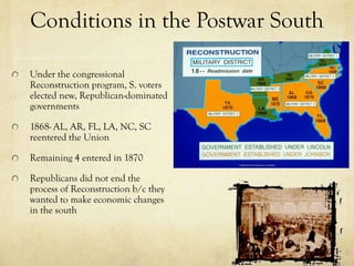Conditions in the Postwar South

Under the congressional
Reconstruction program, S. voters
elected new, Republican-dominated
governments

1868- AL, AR, FL, LA, NC, SC
reentered the Union

Remaining 4 entered in 1870

Republicans did not end the
process of Reconstruction b/c they
wanted to make economic changes
in the south
 