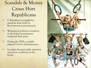 Scandals & Money
   Crises Hurt
   Republicans
 S. Republicans struggled to
 maintain their hold on
 Reconstruction governments

 Widespread political corruption
 in the federal government
 weakened their party

 During the 1870s, scandals
 plagued Grant’s administration

 Scandals diverted public attention
 away from conditions in the
 South.
 