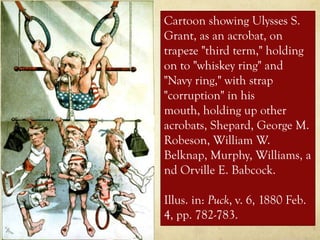 Cartoon showing Ulysses S.
Grant, as an acrobat, on
trapeze "third term," holding
on to "whiskey ring" and
"Navy ring," with strap
"corruption" in his
mouth, holding up other
acrobats, Shepard, George M.
Robeson, William W.
Belknap, Murphy, Williams, a
nd Orville E. Babcock.

Illus. in: Puck, v. 6, 1880 Feb.
4, pp. 782-783.
 
