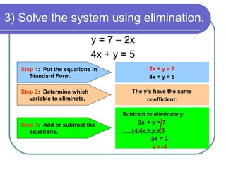 3) Solve the system using elimination.
                               y = 7 – 2x
                               4x + y = 5
   Step 1: Put the equations in                 2x + y = 7
      Standard Form.                            4x + y = 5

   Step 2: Determine which               The y’s have the same
      variable to eliminate.                  coefficient.

                                      Subtract to eliminate y.
   Step 3: Add or subtract the              2x + y = 7
      equations.                         (-) 4x + y = 5
                                                 -2x = 2
                                                  x = -1
 