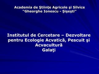 Academia de Ştiinţe Agricole şi Silvice
       “Gheorghe Ionescu - Şişeşti”




Institutul de Cercetare – Dezvoltare
pentru Ecologie Acvatică, Pescuit şi
             Acvacultură
                Galaţi
 
