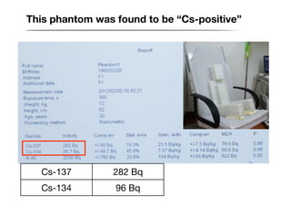 This phantom was found to be “Cs-positive”




  Cs-137        282 Bq
  Cs-134         96 Bq
 